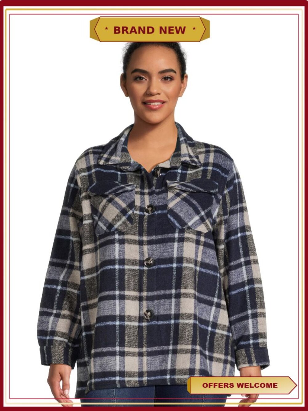 Women's Plus Size Plaid Button Down Shacket Oversized Shirt Jacket